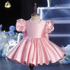 Pink Satin Princess Flower Girl Dress - Puff Sleeves