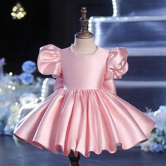 Pink Satin Princess Flower Girl Dress - Puff Sleeves