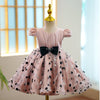 Pink Satin Tulle A-Line Flower Girl Dress Cap Sleeve Bow Tea