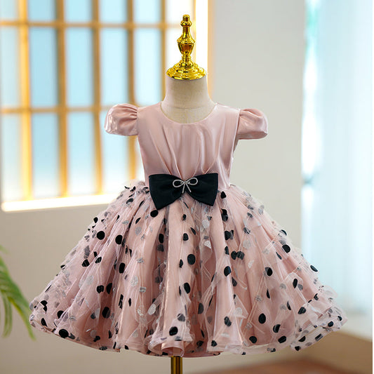 Pink Satin Tulle A-Line Flower Girl Dress Cap Sleeve Bow Tea