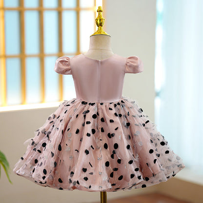 Pink Satin Tulle A-Line Flower Girl Dress Cap Sleeve Bow Tea