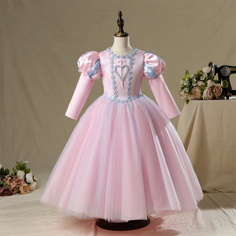 Pink Satin Tulle A-Line Flower Girl Dress Lace Long Puff