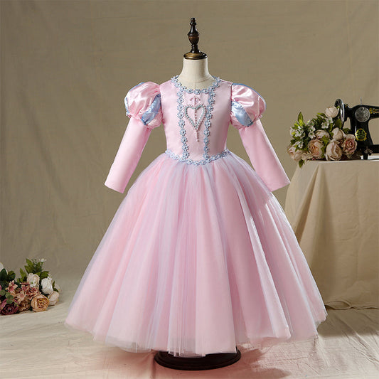 Pink Satin Tulle A-Line Flower Girl Dress Lace Long Puff