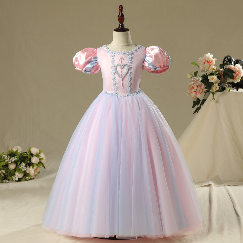 Pink Satin Tulle A-Line Flower Girl Dress Lace Long Puff