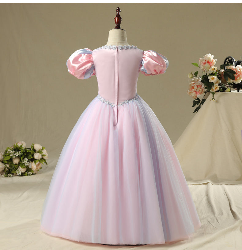 Pink Satin Tulle A-Line Flower Girl Dress Lace Long Puff