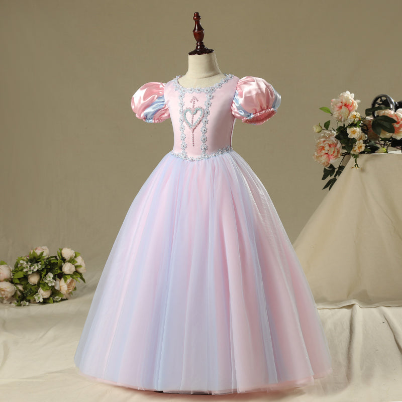 Pink Satin Tulle A-Line Flower Girl Dress Lace Long Puff