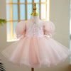 Pink Satin Tulle Princess Flower Girl Dress Beaded Mock Neck
