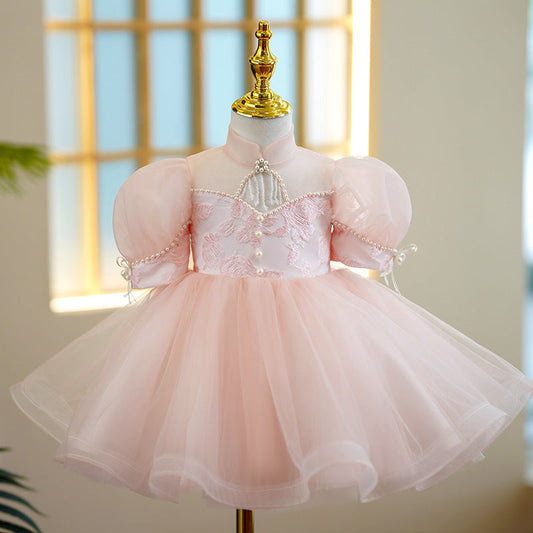 Pink Satin Tulle Princess Flower Girl Dress Beaded Mock Neck