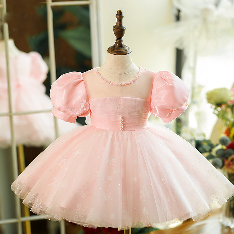 Pink Satin Tulle Princess Flower Girl Dress Pleated Puff Sleeve
