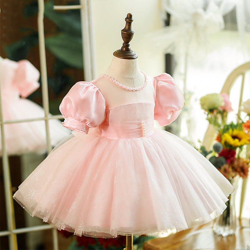 Pink Satin Tulle Princess Flower Girl Dress Pleated Puff Sleeve
