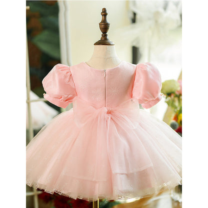 Pink Satin Tulle Princess Flower Girl Dress Pleated Puff Sleeve