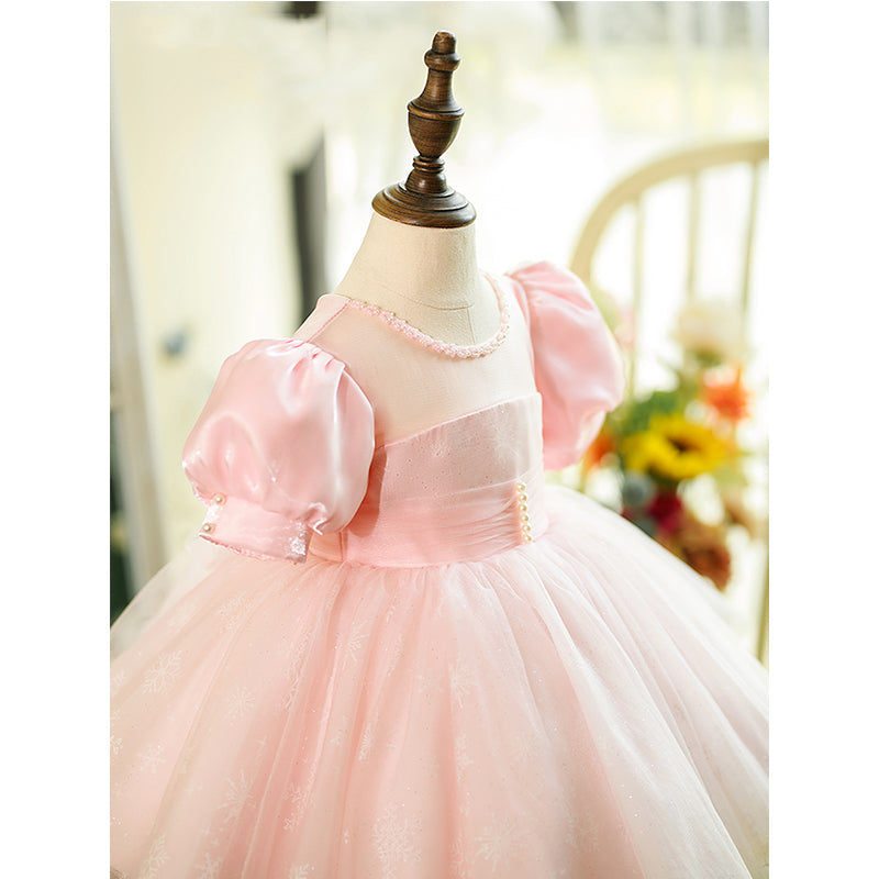 Pink Satin Tulle Princess Flower Girl Dress Pleated Puff Sleeve