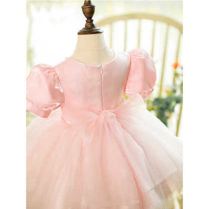 Pink Satin Tulle Princess Flower Girl Dress Pleated Puff Sleeve