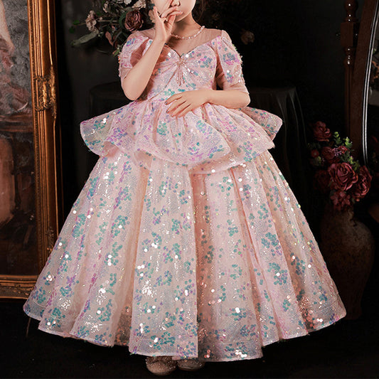 Pink Sequin A-Line Floor Length Flower Girl Dress V-Neck