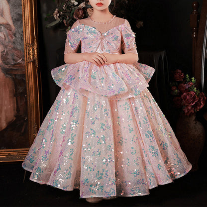 Pink Sequin A-Line Floor Length Flower Girl Dress V-Neck