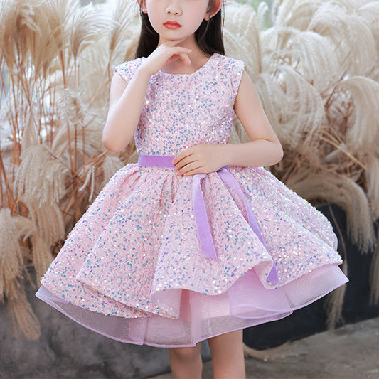 Pink Sequin A-Line Flower Girl Dress Boat Neck Sleeveless Knee