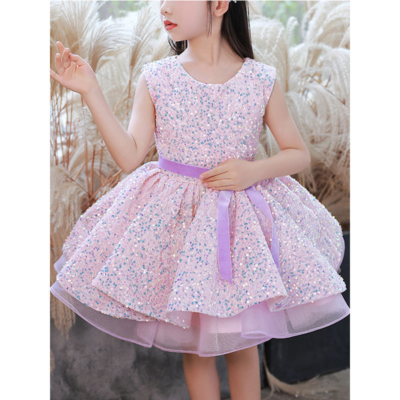 Pink Sequin A-Line Flower Girl Dress Boat Neck Sleeveless Knee