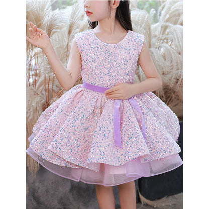 Pink Sequin A-Line Flower Girl Dress Boat Neck Sleeveless Knee