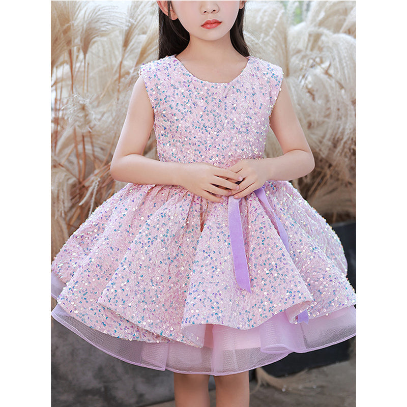 Pink Sequin A-Line Flower Girl Dress Boat Neck Sleeveless Knee