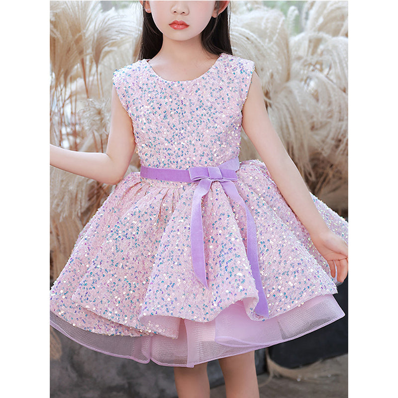 Pink Sequin A-Line Flower Girl Dress Boat Neck Sleeveless Knee