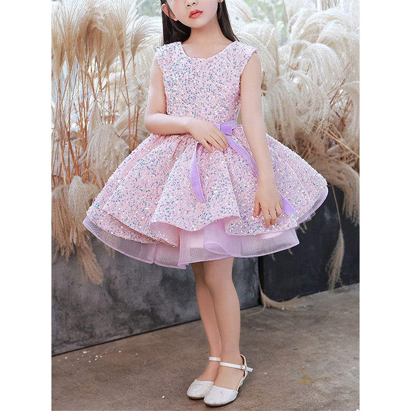 Pink Sequin A-Line Flower Girl Dress Boat Neck Sleeveless Knee
