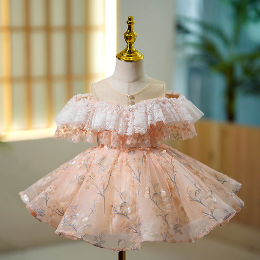 Pink Sequin A-Line Flower Girl Dress - Cold Shoulder