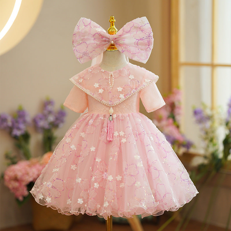 Pink Sequin A-Line Flower Girl Dress Lace Bow Puff Sleeve