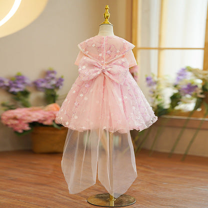 Pink Sequin A-Line Flower Girl Dress Lace Bow Puff Sleeve