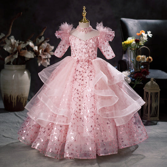 Pink Sequin A-Line Flower Girl Dress Mock Neck Lantern Sleeve