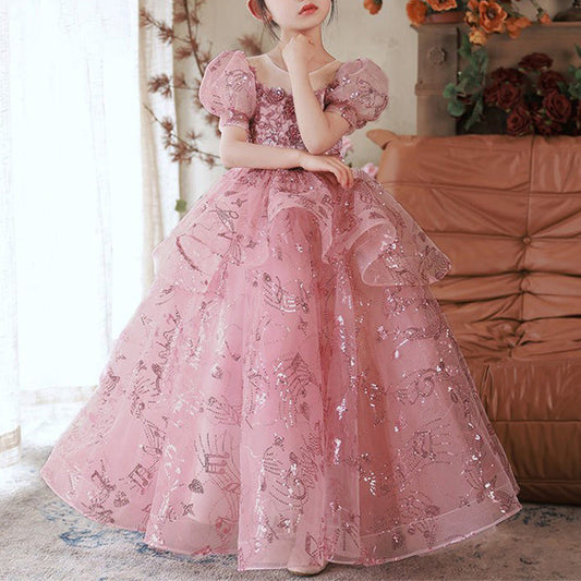 Pink Sequin A-Line Flower Girl Dress - Puff Sleeves