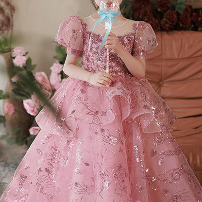 Pink Sequin A-Line Flower Girl Dress - Puff Sleeves