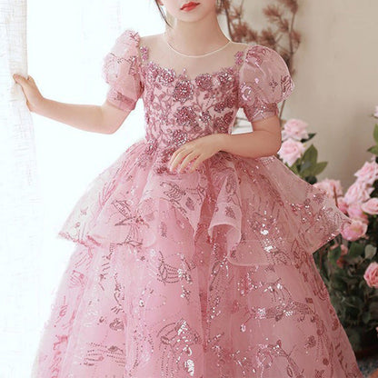 Pink Sequin A-Line Flower Girl Dress - Puff Sleeves