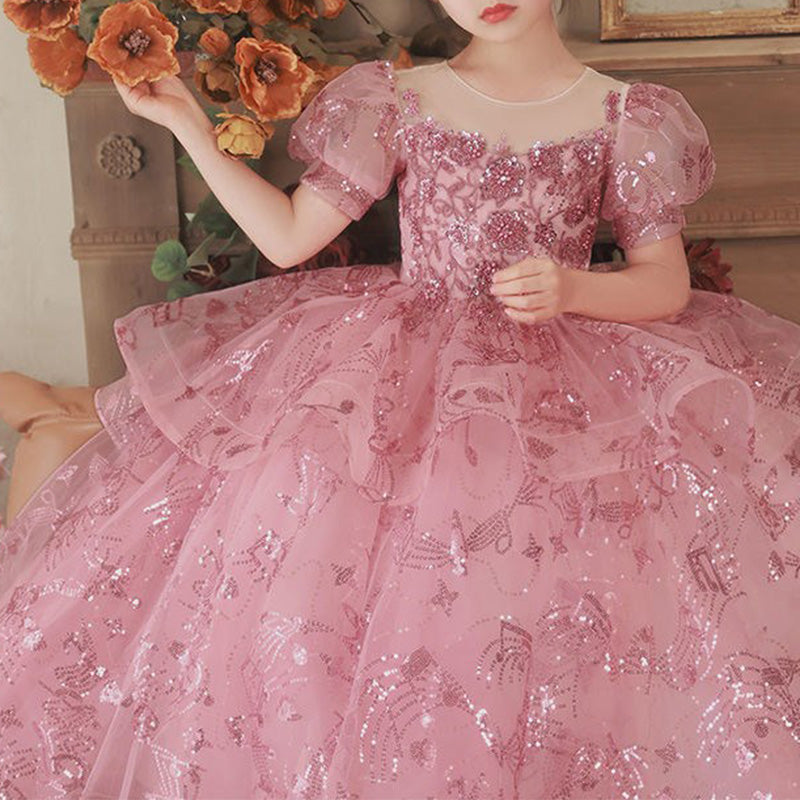 Pink Sequin A-Line Flower Girl Dress - Puff Sleeves