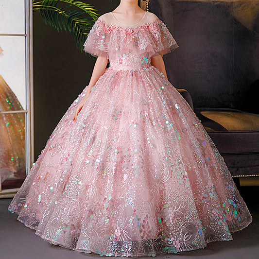 Pink Sequin A-Line Flower Girl Dress Short Sleeve Floor