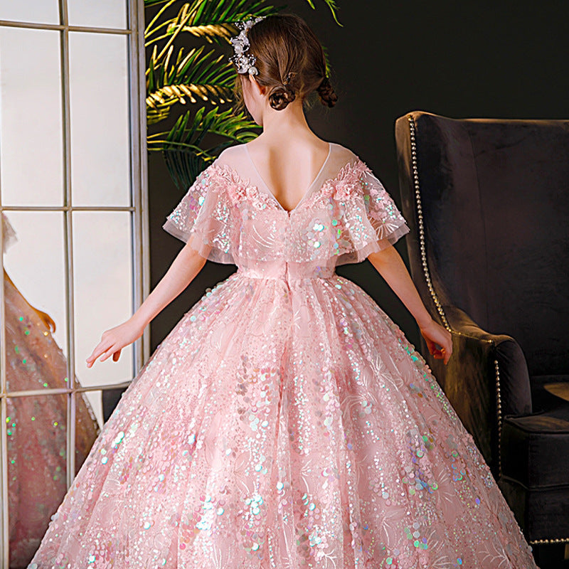 Pink Sequin A-Line Flower Girl Dress Short Sleeve Floor