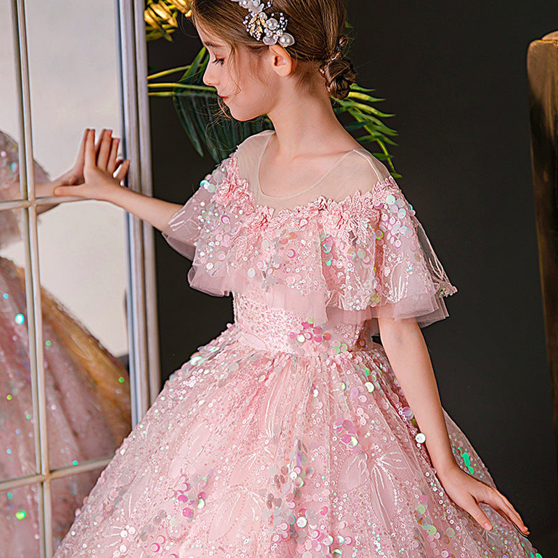 Pink Sequin A-Line Flower Girl Dress Short Sleeve Floor
