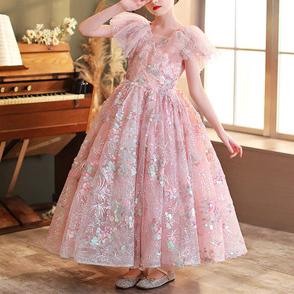 Pink Sequin A-Line Flower Girl Dress V-Neck Cap Sleeve Floor