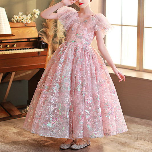 Pink Sequin A-Line Flower Girl Dress V-Neck Cap Sleeve Floor