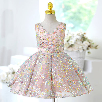 Pink Sequin A-Line Flower Girl Dress V-Neck Sleeveless Knee