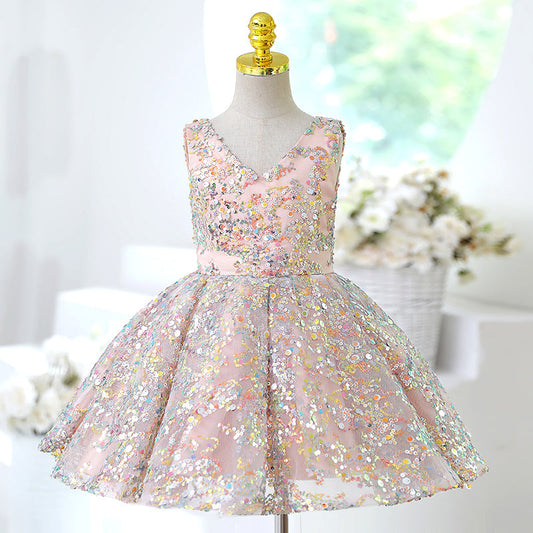 Pink Sequin A-Line Flower Girl Dress V-Neck Sleeveless Knee