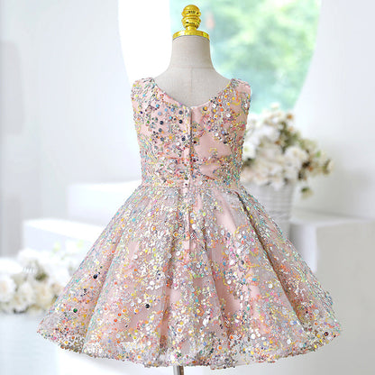 Pink Sequin A-Line Flower Girl Dress V-Neck Sleeveless Knee