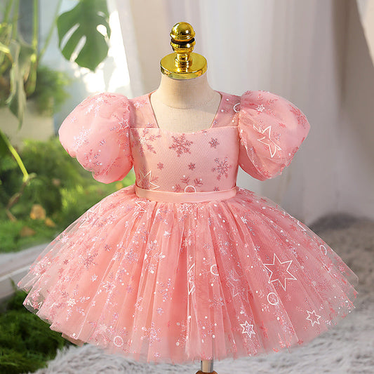Pink Sequin A-Line Flower Girl Dress with Puff Sleeves
