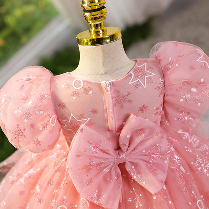 Pink Sequin A-Line Flower Girl Dress with Puff Sleeves