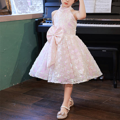 Pink Sequin A-Line Tea Length Flower Girl Dress Mock Neck Bow