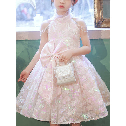 Pink Sequin A-Line Tea Length Flower Girl Dress Mock Neck Bow