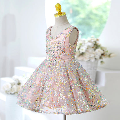 Pink Sequin A-Line Tea Length Flower Girl Dress V-Neck