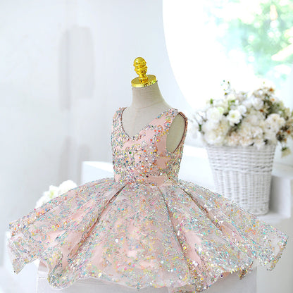 Pink Sequin A-Line Tea Length Flower Girl Dress V-Neck