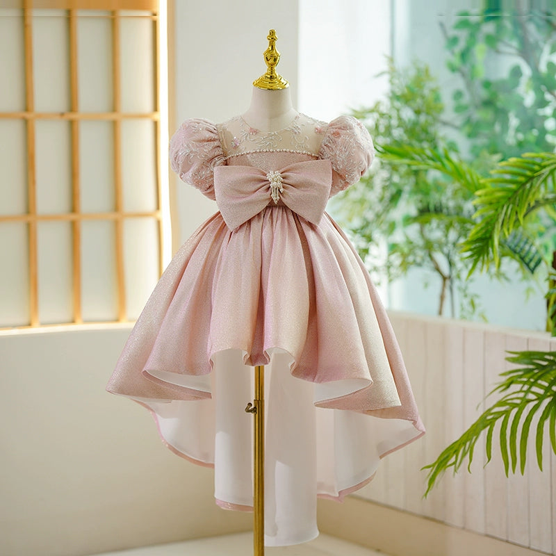 Pink Sequin Bow Tea Length Ball Gown Dress for Girls | Special Occasion & Party