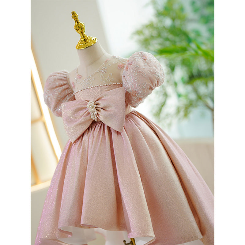 Pink Sequin Bow Tea Length Ball Gown Dress for Girls | Special Occasion & Party