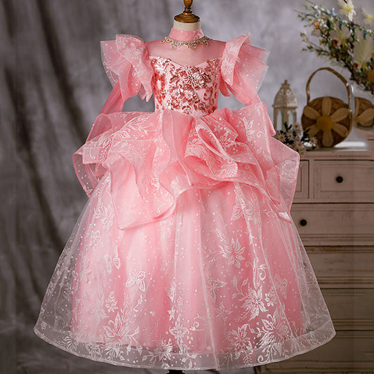 Pink Sequin Organza Flower Girl Dress | Mock Neck